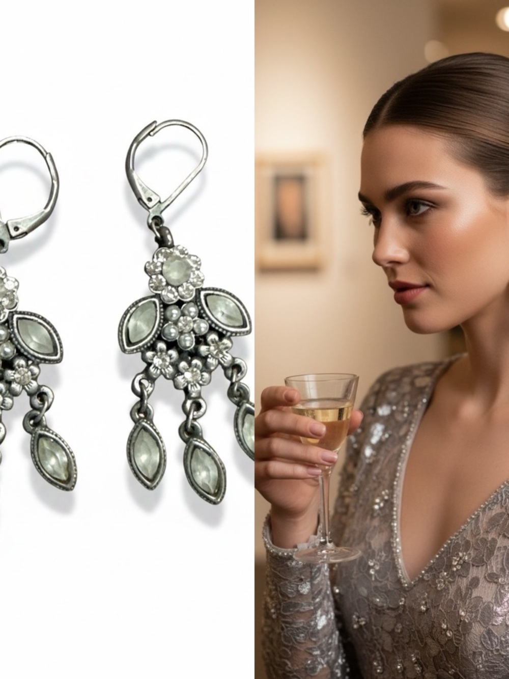 Vintage Style Chandelier Earrings Silver Tone Rhinestone Floral Drop Dangle